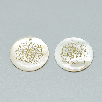 FFreshwater Shell Pendants, Covered with Iron Findings, Flat Round with Lotus, Golden, 30~31x2~3mm, Hole: 1.8mm