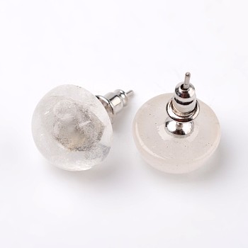 Half Round Dome Natural Crystal Stud Earrings, with Platinum Plated Brass Findings, 18mm, Pin: 0.8mm