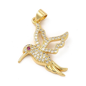 Rack Plating Brass Micro Pave Cubic Zirconia Pendants, Cadmium Free & Lead Free, Real 18K Gold Plated, Hummingbird Charm, Clear, 25x23.5x4mm, Hole: 3.5x5mm