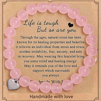 Fashion Natural Rose Quartz Beads Stretch Bracelets, Alloy Heart Charms Bracelets