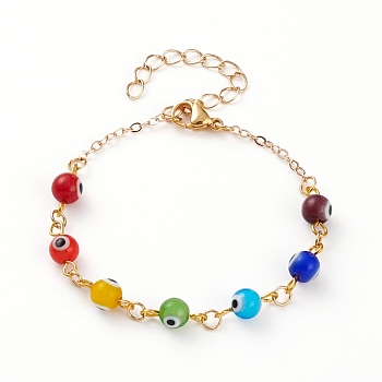 Handmade Evil Eye Lampwork  Beaded Bracelets, with Brass Chains and 304 Stainless Steel Lobster Claw Clasps, Round, Golden, Colorful, 6-3/8 inch(16.2cm)