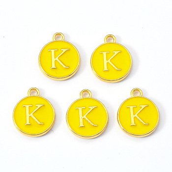 Golden Plated Alloy Enamel Charms, Enamelled Sequins, Flat Round with Letter, Gold, Letter.K, 14x12x2mm, Hole: 1.5mm
