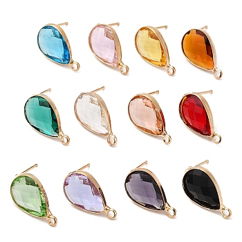Brass Stud Earring Findings, with Glass and 304 Stainless Steel Pins & Horizontal Loops, Light Glod, Teardrop, Mixed Color, 18~18.5x10.5x4~4.5mm, Hole: 1.8mm, Pin: 0.8mm
