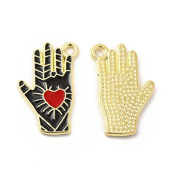 Alloy Enamel Pendants, Hand with Heart Pattern, Platinum, Golden, Black, 21.5x14x1.5mm, Hole: 1.6mm