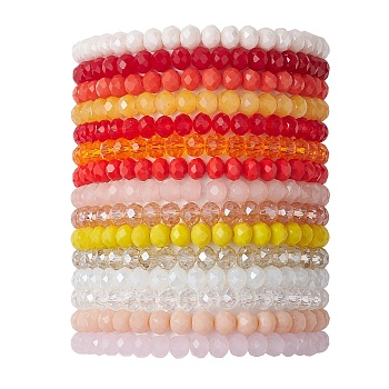 15Pcs 15 Styles Faceted Rondelle Glass Beaded Stretch Bracelet Sets, Stackable Bracelets, Mixed Color, Inner Diameter: 2-1/4 inch(5.6cm), 1pc/style