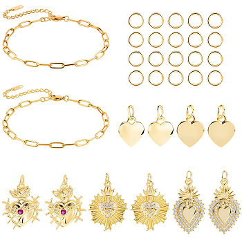 DIY Heart Themed Charm Bracelet Making Kits, include Carbon Steel Jewelry Pliers, Stainless Steel Chain Bracelets, 304 Stainless Steel Jump Rings, Brass Pendants, Mixed Color, 10~25.5x9~18.5x1.5~4mm