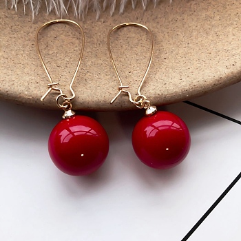 Alloy Hoop Earrings, Ear Wire Mounting, with Plastic Imitation Pearl Beads, Round, Golden, Red, 60mm, Pin: 0.6mm