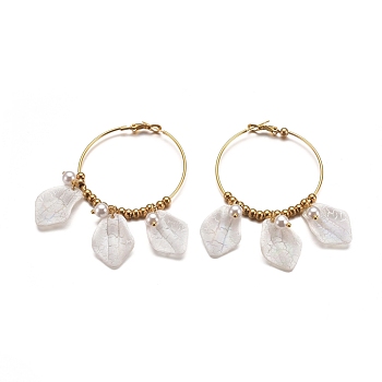 Bohemia Style 304 Stainless Steel Hoop Earrings, with Imitation Pearl Plastic Beads and Creamy White Acrylic, 304 Stainless Steel Beads and Cardboard Jewelry Box, Golden, 70mm