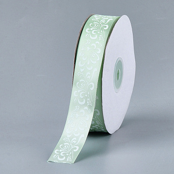 Single Face Satin Ribbon, Polyester Ribbon, Flower Pattern, Pale Green, 1 inch(25mm), about 50yards/roll(45.72m/roll)