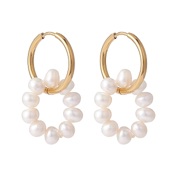 Natural Pearl Beaded Ring Shape Hoop Earring, Drop Huggie Hoop Earrings for Girl Women, Golden, 33mm, Pin: 1mm