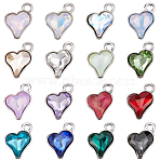 64Pcs 16 Colors Glass Charms, Heart Charms, with Alloy Findings, Faceted, Platinum, 13.5x9.5~10x4~4.5mm, Hole: 1.8mm, 4pcs/color(FIND-SC0015-32P)
