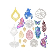 Stainless Steel Etched Metal Embellishments Pendants, Mixed Shapes, Mixed Color, 14~59x8.5~48.5x0.2mm, Hole: 1.4~1.6mm(STAS-XCP0001-80)