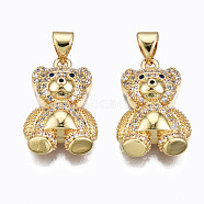 Brass Micro Pave clear Cubic Zirconia Pendants, Nickel free, Bear, Real 16K Gold Plated, 20x13x6mm, Hole: 3x5mm(ZIRC-N039-170-NF)