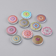2-Hole Printed Wooden Buttons, Dyed, Flat Round with Pattern, Mixed Color, 20x4.5mm, Hole: 1.5mm(X-WOOD-S037-016)