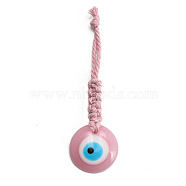 Flat Round with Evil Eye Resin Pendant Decorations, Cotton Cord Braided Hanging Ornament, Pink, 109mm(EVIL-PW0002-12E-04)