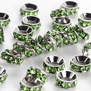 Brass Rhinestone Spacer Beads, Grade A, Rondelle, Platinum Metal Color, Peridot, 7x3.3mm, Hole: 3.5mm(RB-A020-7mm-07P)
