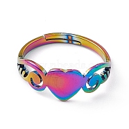 Ion Plating(IP) 201 Stainless Steel Heart Adjustable Ring for Women, Rainbow Color, US Size 6 1/4(16.7mm)(RJEW-K242-01M)