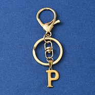 304 Stainless Steel Initial Letter Charm Keychains, with Alloy Clasp, Golden, Letter P, 8.5cm(KEYC-YW00005-16)