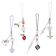 Glass Beads Mobile Straps, Alloy & Resin & Lampwork Charm and Nylon Cord Mobile Accessories Decoration, Injection Syringe & Dice & Horse & Heart with Wing, Mixed Color, 10.8~15.3cm, 4pcs/set(HJEW-AB00037)