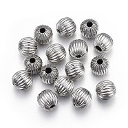 304 Stainless Steel Corrugated Beads, Round, Stainless Steel Color, 10mm, Hole: 2.5mm(STAS-P218-24-10mm)