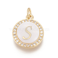 Brass Micro Pave Cubic Zirconia Pendants, with Shell, Long-Lasting Plated, Lead Free & Cadmium Free & Nickel Free, Real 18K Gold Plated, Flat Round with Letter, Clear, Letter.S, 16x13.5x3mm, Hole: 3mm(ZIRC-L078-043S-NR)