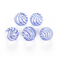 Transparent Handmade Blown Glass Globe Beads, Stripe Pattern, Round, Blue, 13~14.5mm, Hole: 1~2mm(X-GLAA-T012-35C-07)