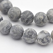 Natural Map Stone/Polychrome Jasper/Picasso Stone/Picasso Jasper Beads Strands, Round, Frosted, Dark Gray, 10mm, Hole: 1mm, about 38pcs/strand, 15.3 inch(G-D657-10mm)
