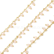 Round Glass Beaded Chains, Faceted, Unwelded, with Brass Curb Chains, Golden, Misty Rose, 3x1.8x1mm(CHS-P016-35G-01)