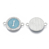 Alloy Enamel Links Connectors, with Crystal Rhinestones, Flat Round with Letter, Silver Color Plated, Letter.I, 22x16x2mm, Hole: 1.8mm(ENAM-TAC0003-01S-06I)