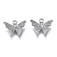 Brass Micro Pave Clear Cubic Zirconia Charms, Butterfly, Platinum, 11x13.5x1.5mm, Hole: 1.2mm(ZIRC-S069-022P)