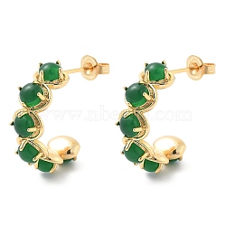 Brass & Green Glass Stud Earrings, C-Shaped, Real 18K Gold Plated, 22x6mm(EJEW-G415-01A-G)