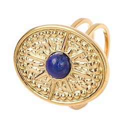 Oval with Sun Natural Lapis Lazuli Finger Rings, Golden Tone 304 Stainless Steel Open Cuff Rings for Women, 21x16mm, US Size 6(16.5mm)(RJEW-Q822-40G-02)