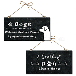 Printed Natural Wood Hanging Wall Decorations, for Front Door Home Decoration, Rectangle with Word, Black, Dog Pattern, 15x30x0.5cm(WOOD-WH0112-83B)