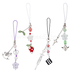 Glass Beads Mobile Straps, Alloy & Resin & Lampwork Charm and Nylon Cord Mobile Accessories Decoration, Injection Syringe & Dice & Horse & Heart with Wing, Mixed Color, 10.8~15.3cm, 4pcs/set(HJEW-AB00037)