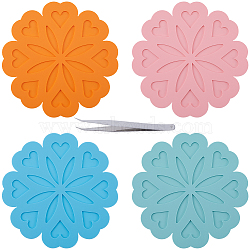 4Pcs 4 Colors Silicone Placemats, Cup Mats, Anti-Slip Hot Pads, Flower, with 1Pc Iron Beading Tweezers, Mixed Color, 169~170x2mm(AJEW-GF0008-27)