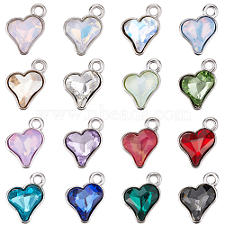 64Pcs 16 Colors Glass Charms, Heart Charms, with Alloy Findings, Faceted, Platinum, 13.5x9.5~10x4~4.5mm, Hole: 1.8mm, 4pcs/color(FIND-SC0015-32P)
