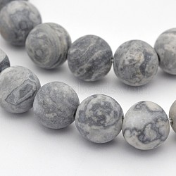 Natural Map Stone/Picasso Stone/Picasso Jasper Beads Strands, Round, Frosted, Dark Gray, 10mm, Hole: 1mm, about 38pcs/strand, 15.3 inch(G-D657-10mm)