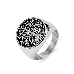 Retro Titanium Steel Tree of Life Finger Ring, Wide Band Ring, Antique Silver, Inner Diameter: 20mm(FIND-PW0020-06D-AS)