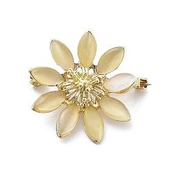 Flower Alloy & Glass Cat Eye Brooches, Golden, 32x30.5mm(JEWB-C037-02G)