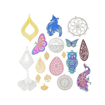 Stainless Steel Etched Metal Embellishments Pendants, Mixed Shapes, Mixed Color, 14~59x8.5~48.5x0.2mm, Hole: 1.4~1.6mm