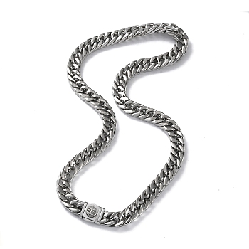 304 Stainless Steel Cuban Link Chain Necklaces with Skull Clasps, Stainless Steel Color, 23.98 inch(60.9cm)