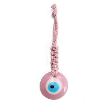 Flat Round with Evil Eye Resin Pendant Decorations, Cotton Cord Braided Hanging Ornament, Pink, 109mm