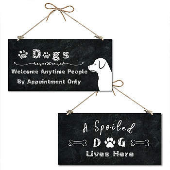 Printed Natural Wood Hanging Wall Decorations, for Front Door Home Decoration, Rectangle with Word, Black, Dog Pattern, 15x30x0.5cm