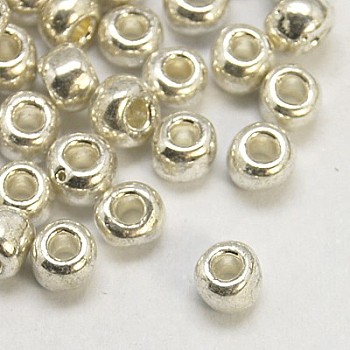 (Repacking Service Available) 6/0 Glass Seed Beads, Metallic Colours Style, Round, Silver, 6/0, 4mm, Hole: 1.5mm, about 120pcs/pound