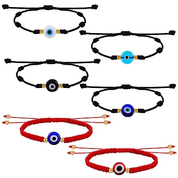 Adjustable Nylon Threads Braided Bead Bracelets, with Evil Eye Lampwork Beads and Brass Spacer Beads, Golden, Mixed Color, 6pcs/set