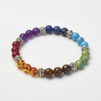 Mixed Gemstone Beaded Stretch Bracelets, with Alloy Beads, Antique Silver, 2 inch(51mm)