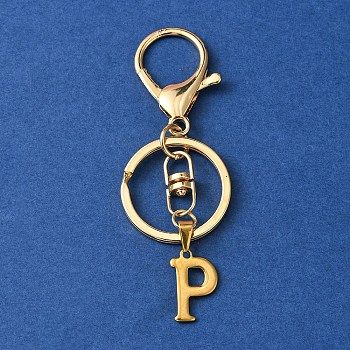 304 Stainless Steel Initial Letter Charm Keychains, with Alloy Clasp, Golden, Letter P, 8.5cm
