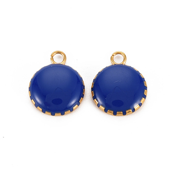 304 Stainless Steel Enamel Charms, Ion Plating(IP), Golden, Flat Round, Dark Blue, 13.5x10.5x3mm, Hole: 1.6mm