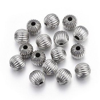 304 Stainless Steel Corrugated Beads, Round, Stainless Steel Color, 10mm, Hole: 2.5mm