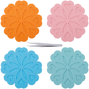 4Pcs 4 Colors Silicone Placemats, Cup Mats, Anti-Slip Hot Pads, Flower, with 1Pc Iron Beading Tweezers, Mixed Color, 169~170x2mm